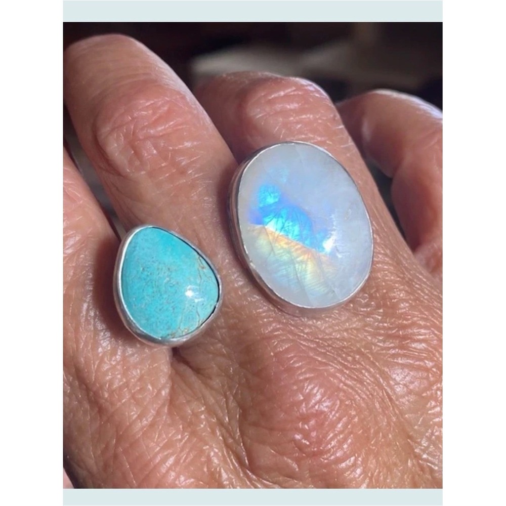 Moonstone and Turquoise Sterling Silver Chunky Dual Adjustable Ring - Picture 2 of 6